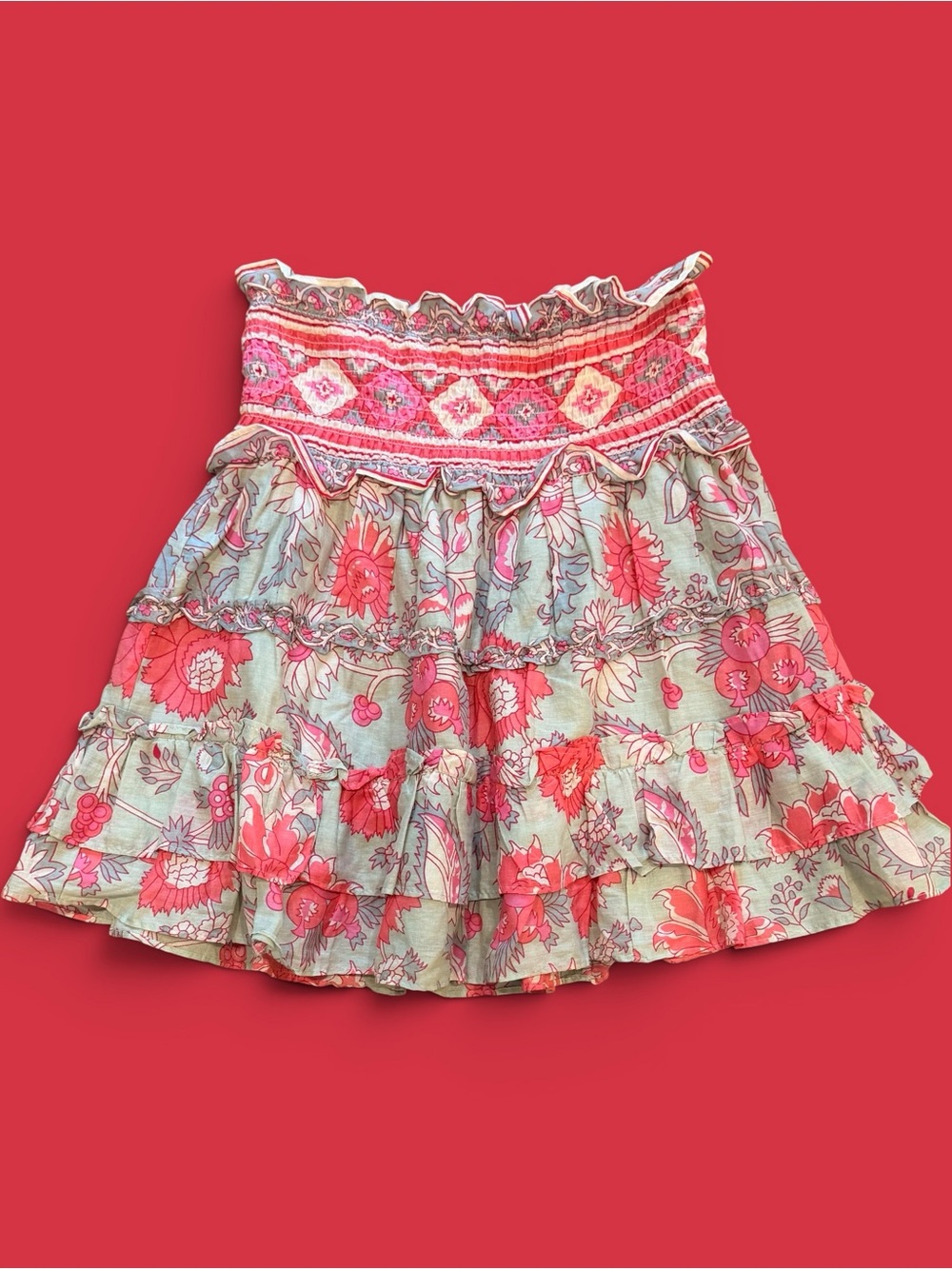 Jennifer & Grace Bohemian Tiered Floral Mini Skirt in Pink and Sage, Size Medium - Picture 2 of 8